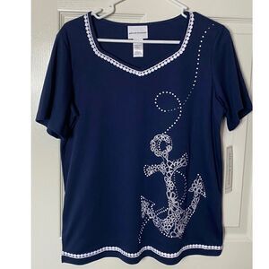 ALFRED DUNNER WOMEN'S Small Floral Anchor Embroidery Short Sleeve Top